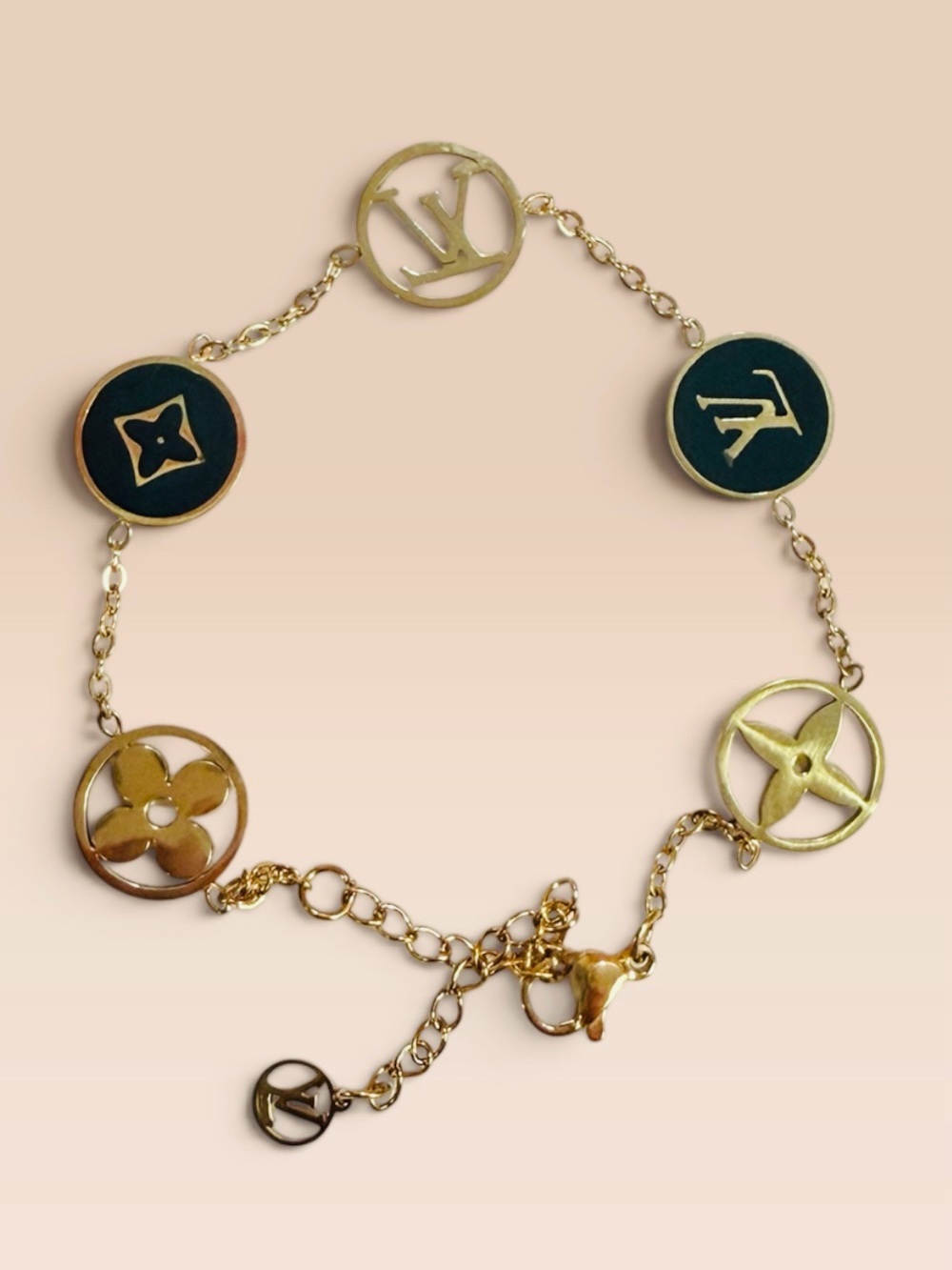 Gold and Black Enamel Monogram Stainless Steel Charm Adjustable Bracelet | NEW